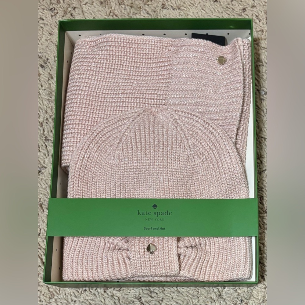 NWT kate spade New York metallic rib scarf and hat box set.